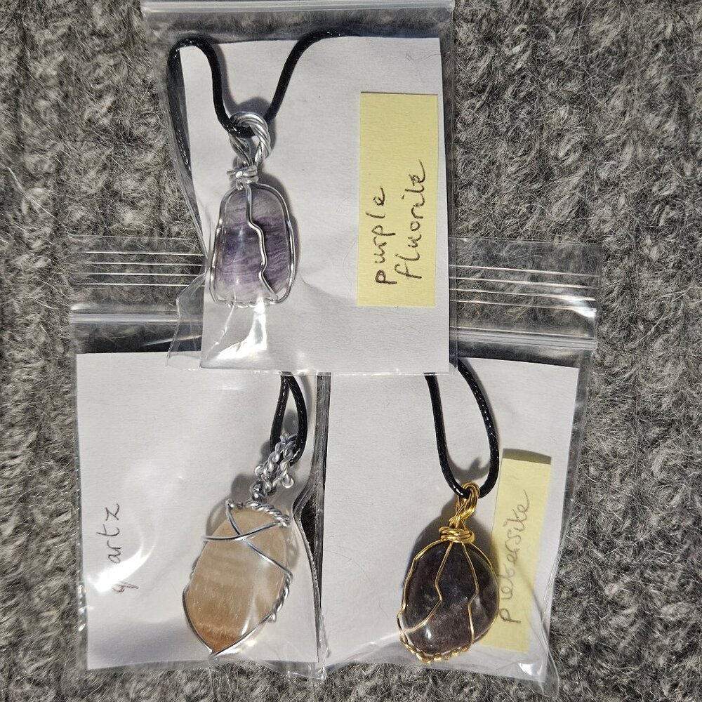 3 wire wrapped gemstone/crystal pendants, 3 different stones, 18 inch cords, new